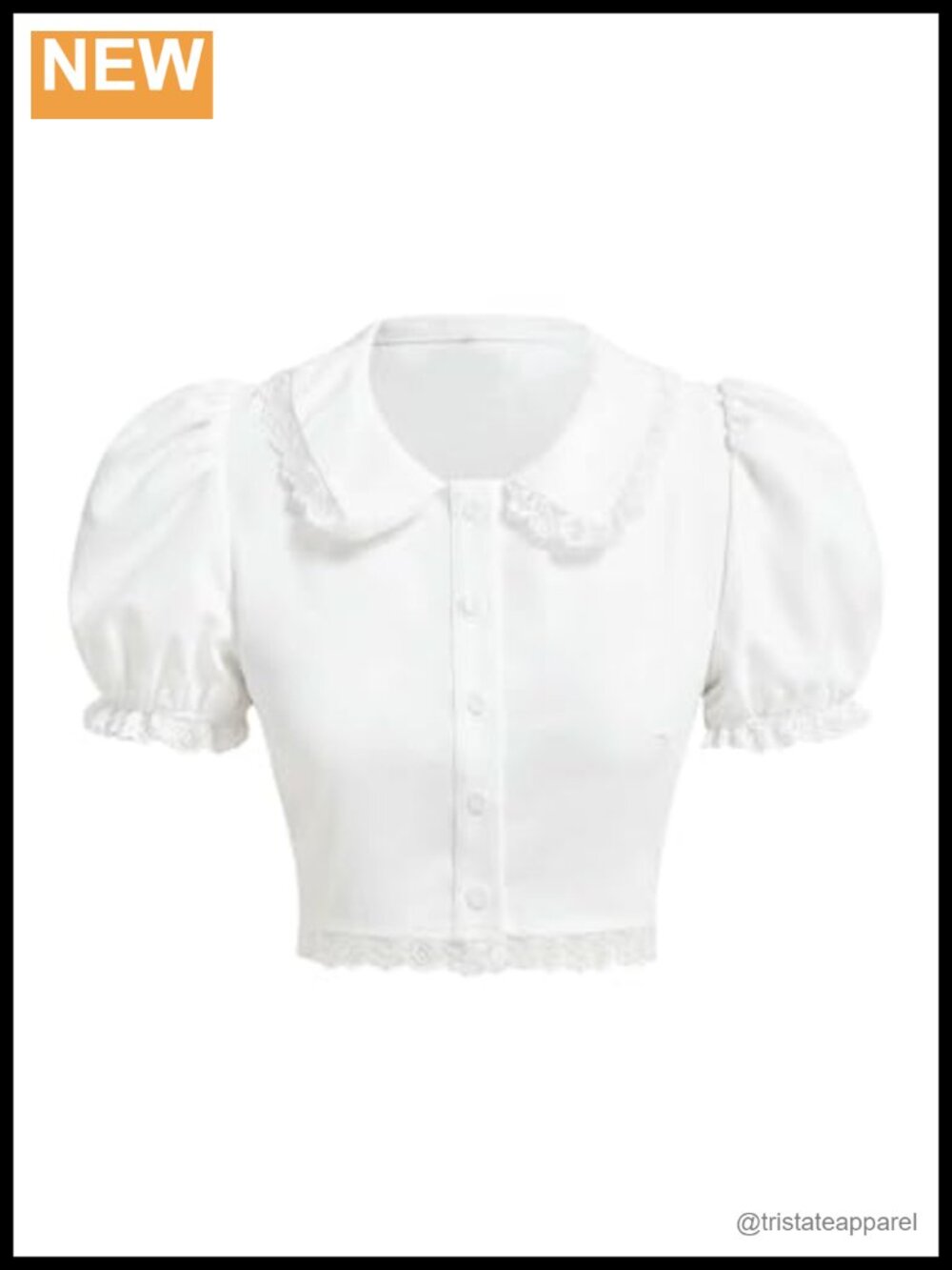 Floerns Women's Puff Sleeve Crop Top Blouse, Soft Buttons Lace Trim